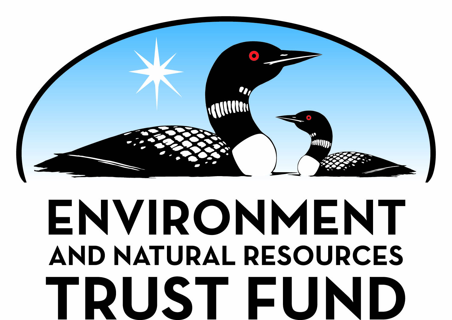 Logo for the Environment and Natural Resources Trust Fund featuring two loons and a star over a blue background.