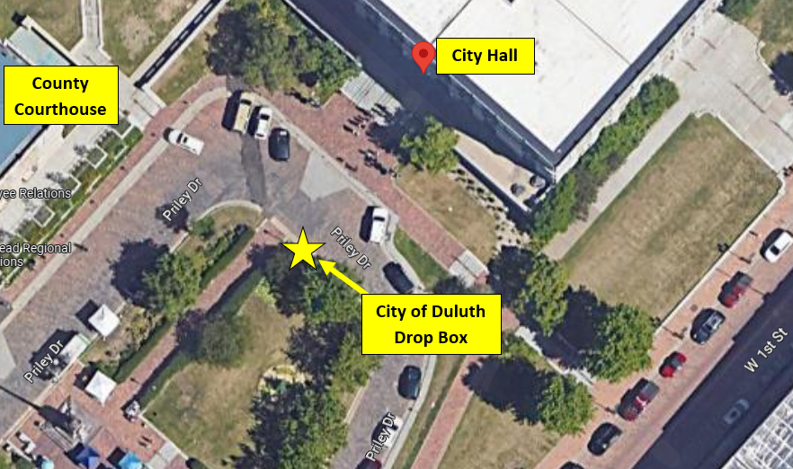 Aerial image showing location of City of Duluth drop box relative to City Hall and the County Courthouse, located on Priley Drive.
