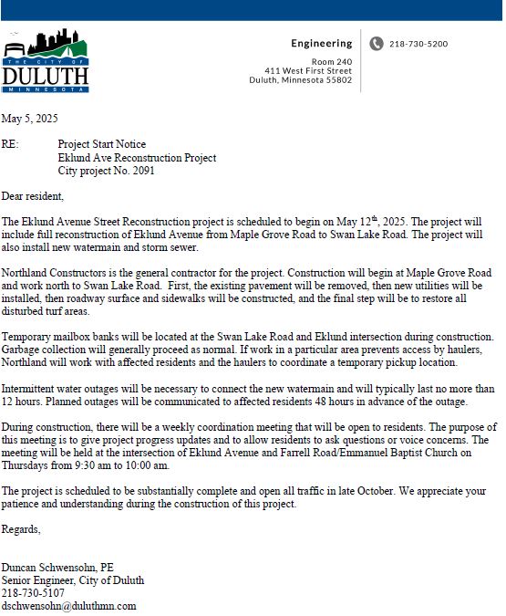 Eklund Ave Reconstruction Resident Letter