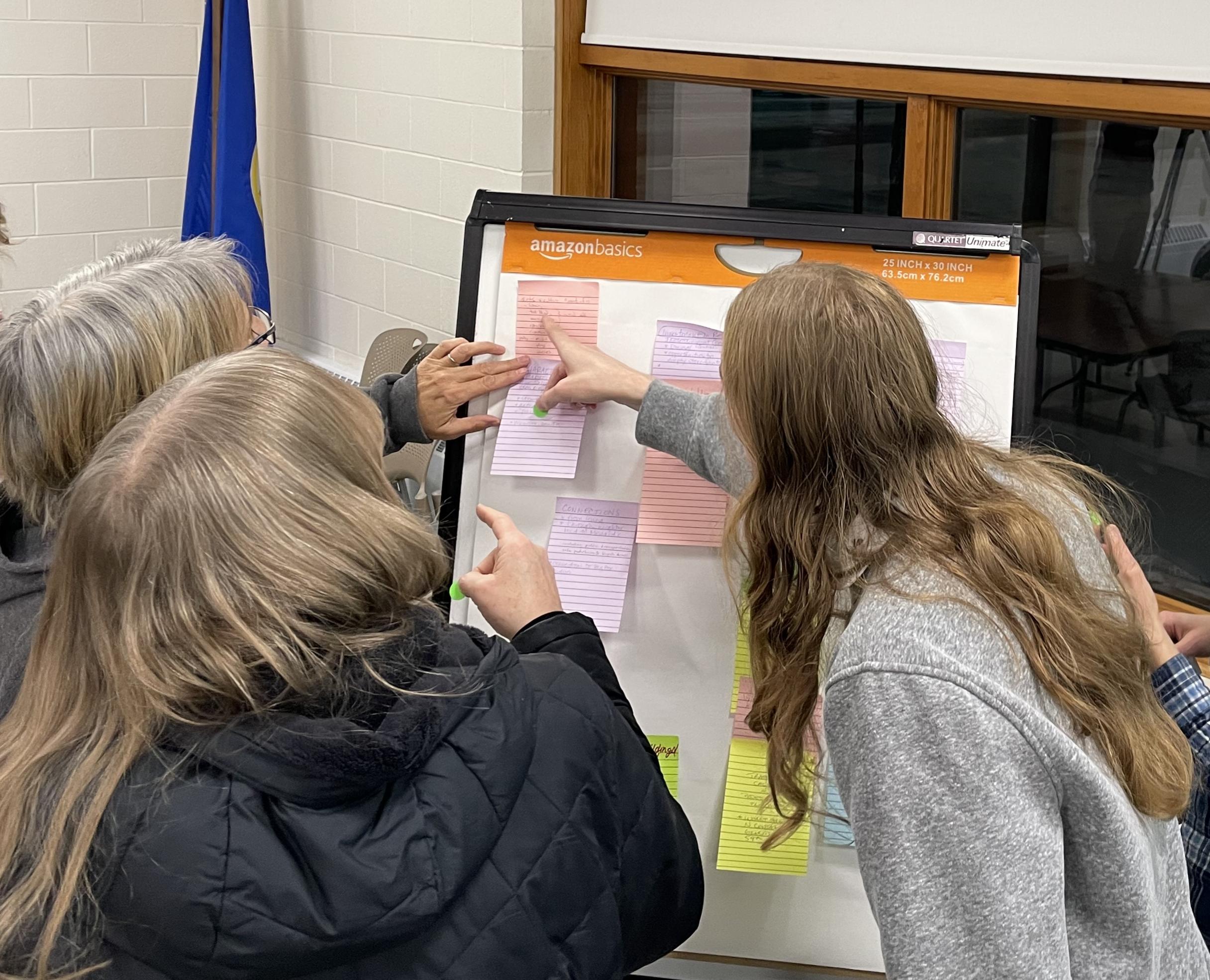 A photo from Community Meeting #1 showing meeting participants voting with stickers for the thoughts they agreed with most.