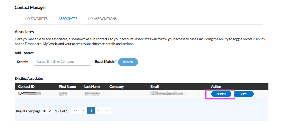 approve or deny company contact associations