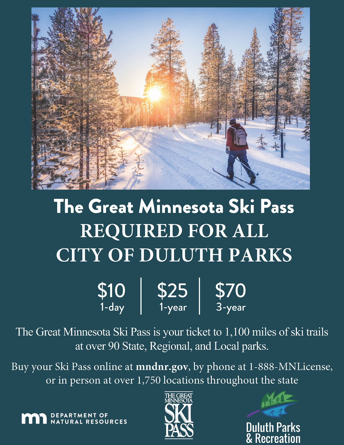The Great Minnesota Ski Pass is required for all City of Duluth Parks and it can be purchased online at mndnr.gov at a cost of $10 for one day, $25 for one year, or $70 for three years.
