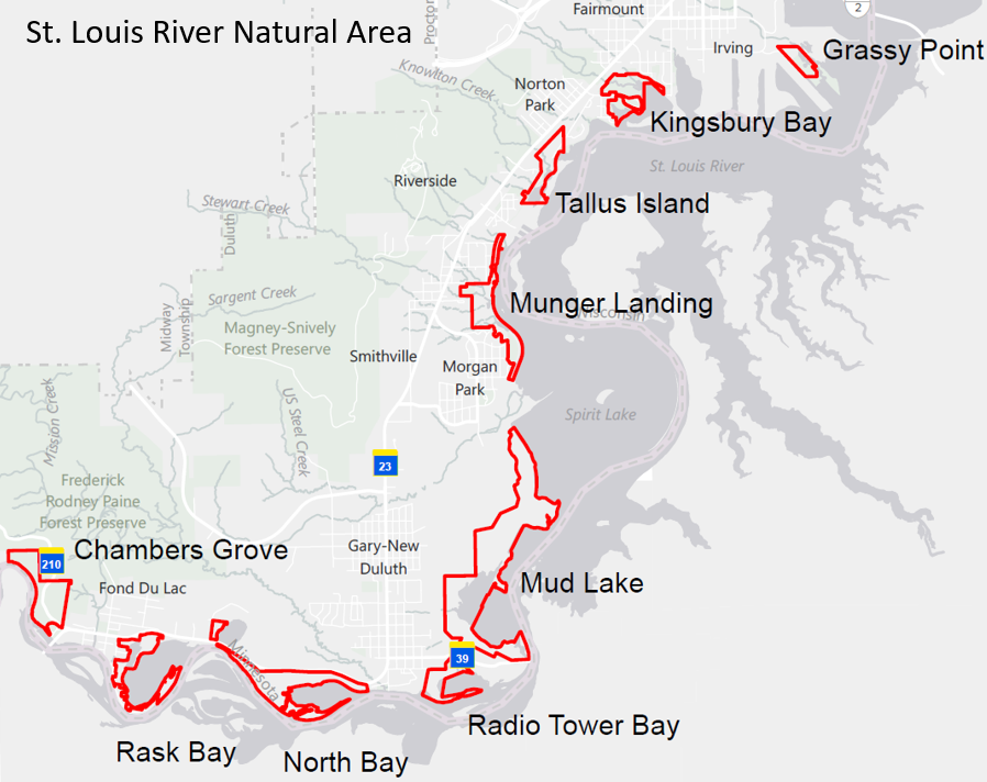 Map of the 9 areas that comprise the St. Louis River Natural Area including areas around Grassy Point, Kingsbury Bay, Munger Landing, Mud Lake, Radio Tower Bay, North Bay, Rask Bay, and Chambers Grove