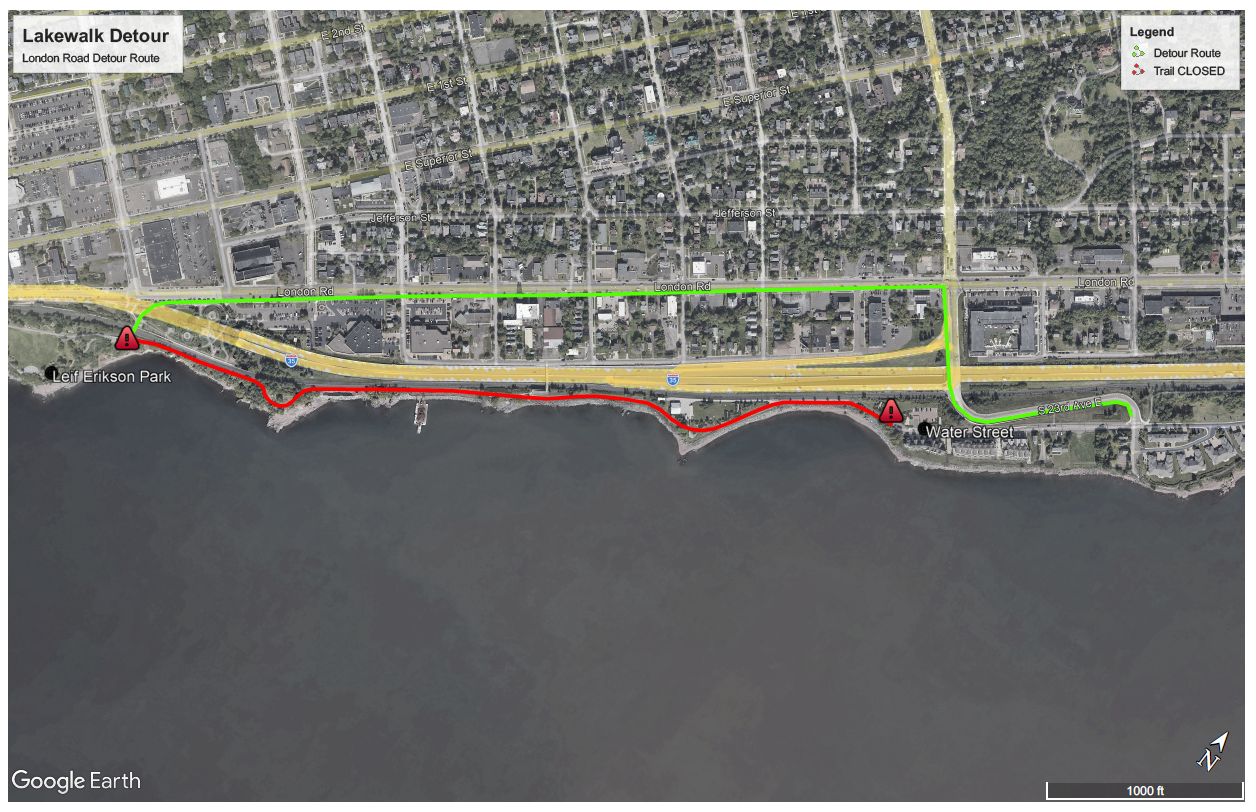 Map showing detour for the Lakewalk construction from Water Street to Leif Erikson Park