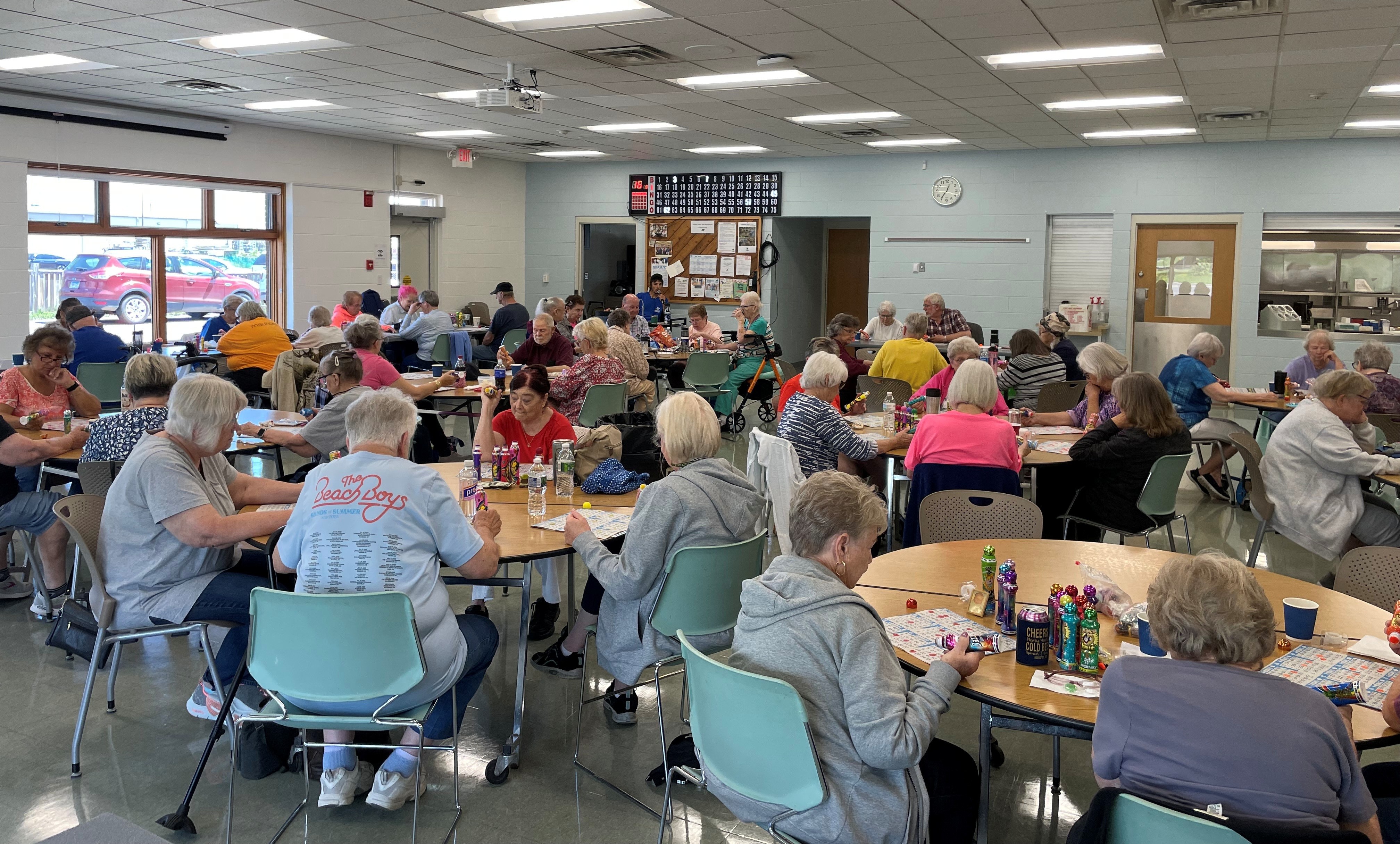A large group playing BINGO at Evergreen Senior Center