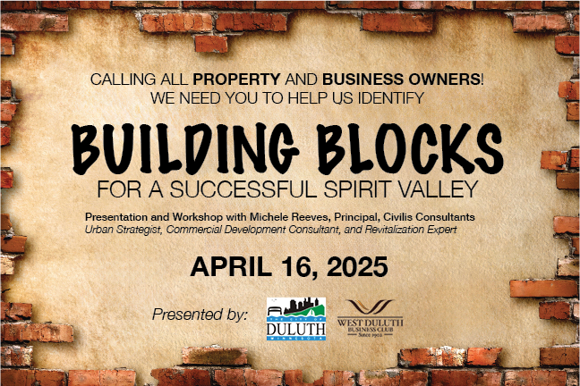 A meeting notice flyer for the April 16, 2025, community meeting called Building Blocks for a Successful Spirit Valley.