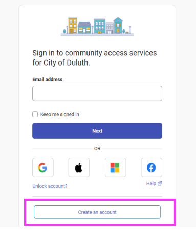 Create an account button in Utility Access