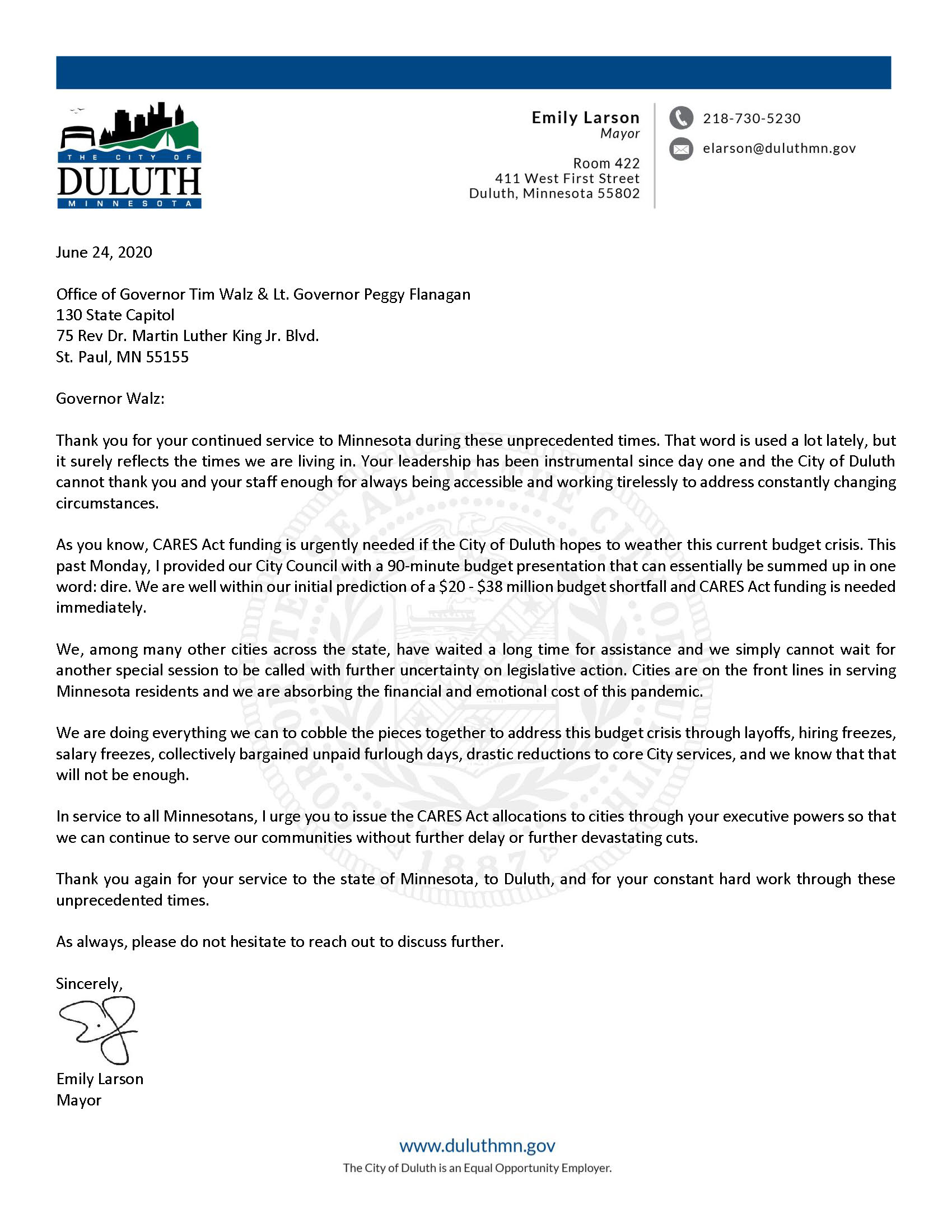 Mayor Larson June 24 letter to Governor Walz