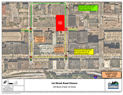 Detour map 100 block E. First St.