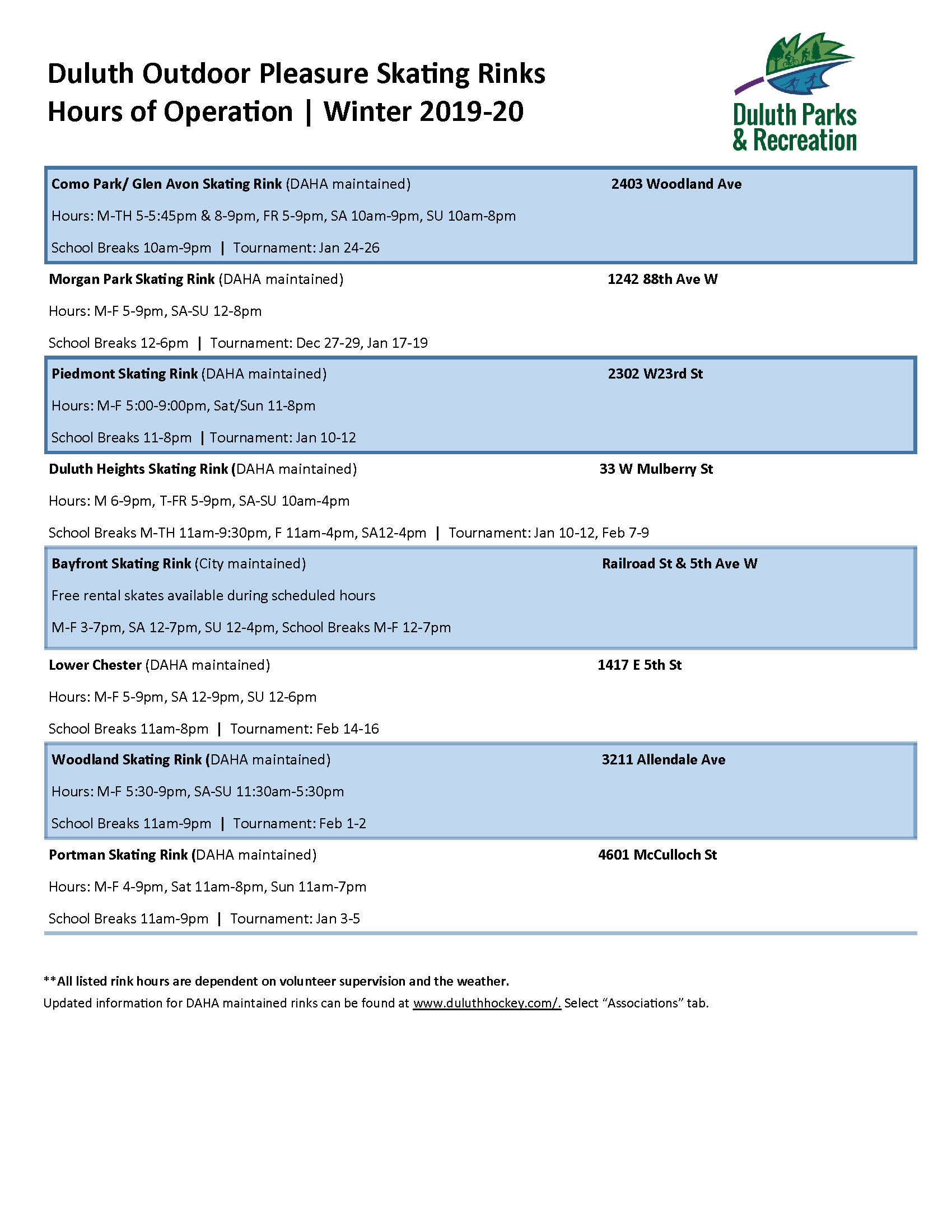Outdoors Rink Schedule