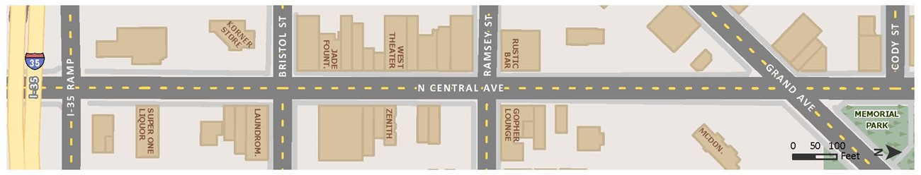 A map showing the streets and building outlines on both sides of Central Avenue between I-35 and Grand Avenue.  This was used during the Spirit Valley Strolls.